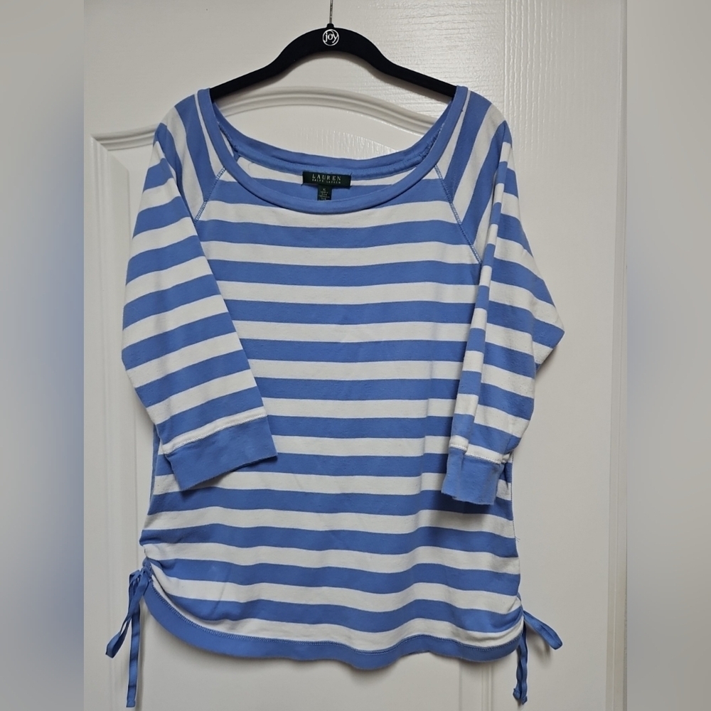 Lauren Ralph Lauren Striped Ruched Side Top XL Blue White Drawstring.